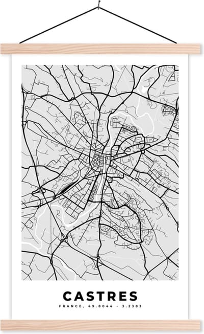 Posterhanger incl. Poster 40x60 cm - Schoolplaat - Kaart – Stadskaart – Frankrijk - Castres - Plattegrond - Textielposter - Blanke latten - Stadskaart
