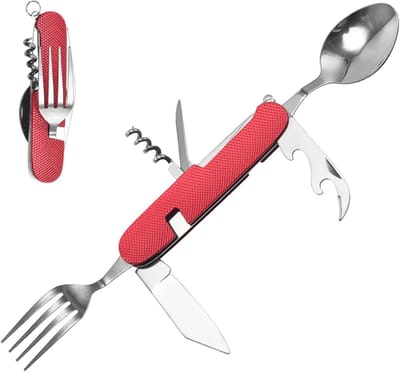 Multifunctionele Vouwbare Bestekset, 6-in-1 Kampeerbestek, Outdoor Survival, Reisbestek, Opvouwbaar RVS, Bestek met Opbergtas voor Kamperen en Wandelen, Ideaal voor Avonturen