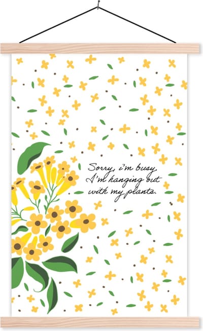 Posterhanger incl. Poster 40x60 cm - Schoolplaat - Quotes - Sorry I'm busy I'm hanging out with my plants - Spreuken - Textielposter - Blanke latten