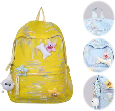 KZQ Schattige Y2K rugzak met sterrenaccessoires en pluche hangers nylon 30x14x40 cm voor meisjes basisschool en middelbare school geel