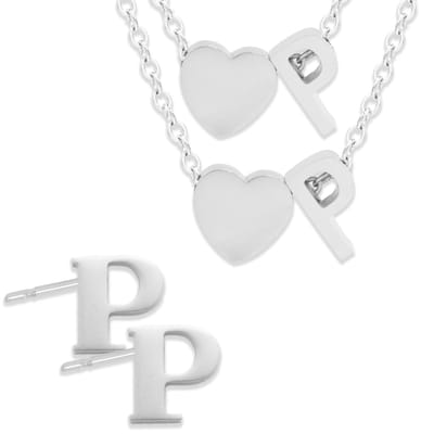 Initiaal Ketting & Armband & Oorbellen set met Letter P Zilverkleurig - Stainless Steel - Met letter & Hartje! - 3x Sieraden Cadeau - Pax Amare
