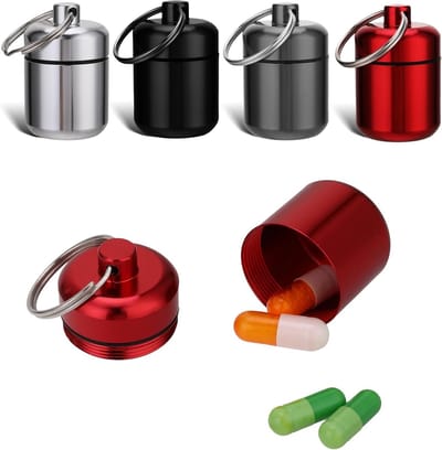Compacte Pillendoos Set van 4 Stuks, Waterdichte Mini Capsules, Ideaal voor Reizen, Kamperen en Vissen, Sleutelhanger en Opbergruimte in 4 Kleuren