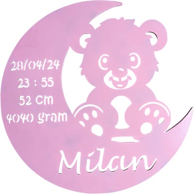 Gepersonaliseerd Houten Geboortebord met Maan en Beer – Uniek Kraamcadeau met Naam, Geboortedatum, Gewicht en Lengte - 38cm - Roze