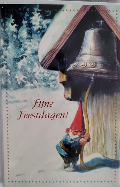 8 Kerstkaarten kabouter aan bel - 8 Kaarten met neveloppen Rien Poortvliet