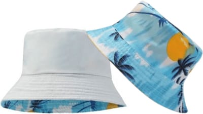 Bucket Hat - Omkeerbaar Vissershoedje - Dubbellaags - Wit & Palmboomprint - Reversible - Hoofdomtrek 54-56 cm - Dames - Heren - Regenhoedje - Zonnehoedje - Emmerhoed - Hoed - Unisex