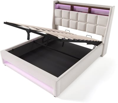 Gestoffeerd bed van 160x200 cm met USB-poort, tweepersoonsbed met ledverlichting, lattenbodem met metalen frame, linnen bedframe, kinderbed (matras niet inbegrepen).