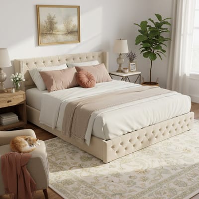 Oorvormig gestoffeerd bed 140x200cm - dubbele rij klinknagels - genaaide knoopsgaten - met opbergruimte - beige - zonder matras