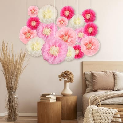Bloemendecoraties, bloemen van papier om op te hangen, 30/25/20/15 cm, levendige kleuren en kleurvast, voor bruiloftsdecoraties
