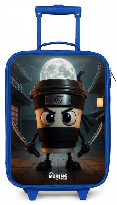 NoBoringSuitcases.com® - Kinderkoffer blauw - Kindertrolley jongen - Capuchino Assassino - Koffer kind lichtgewicht - Reiskoffer trolley voor kinderen - Koffertje met lichtgevende wieltjes - Rolkoffer