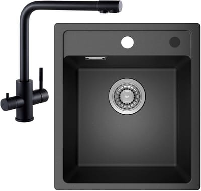ANYCEE MAX Granieten Spoelbak 40x46cm - Spoelbakken Keuken Met 3 Wege Keukenkraan - Spoelbakken Met Waterafvoersysteem - Opbouw Spoelbak - Antraciet