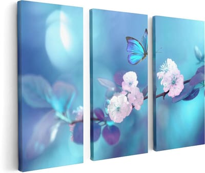 Artaza Canvas Schilderij Drieluik Blauwe Vlinder Bij Een Roze Bloem - 120x80 cm - Wanddecoratie Woonkamer - Schilderijen - Muurdecoratie