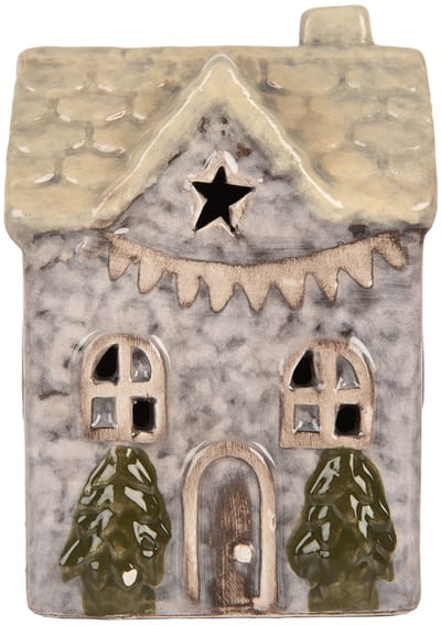 Clayre & Eef Decoratie Huis met LED LED 6x6x10 cm Grijs Keramiek