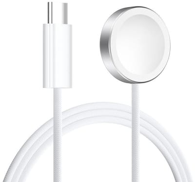 USB-C oplader - gevlochten oplaadkabel - geschikt voor Apple Watch Series 1 / 2 / 3 / 4 / 5 / 6 / 7 / 8 / 9 / 10 / SE / SE 2 / Ultra / Ultra 2 - draadloos opladen - wit