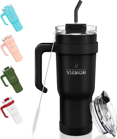 Dubbelwandige thermobeker met rietje en handvat - 1100 ml - roestvrij staal - vacuüm geïsoleerd - lekvrij - voor koude en warme dranken - zwart