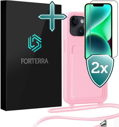 Hoesje Geschikt voor iPhone 13 Pashouder Case Siliconen Hoes Met Koord Met 2x Screenprotector - Hoes Geschikt voor iPhone 13 Met Telefoonkoord Hoesje Back Cover Met Pasjeshouder - Lichtroze