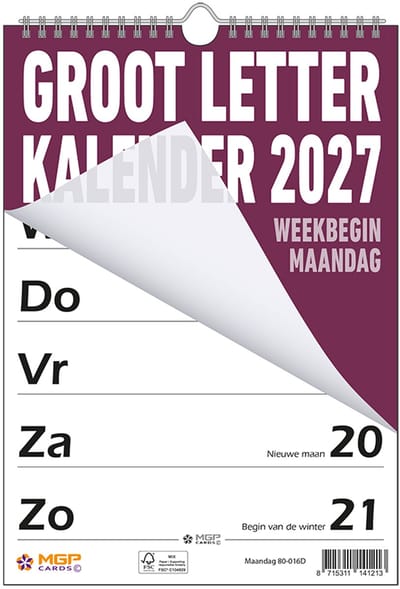 MGPcards - Grootletter kalender - 2027 - Week begint op maandag - 21 x 34 cm - Purper