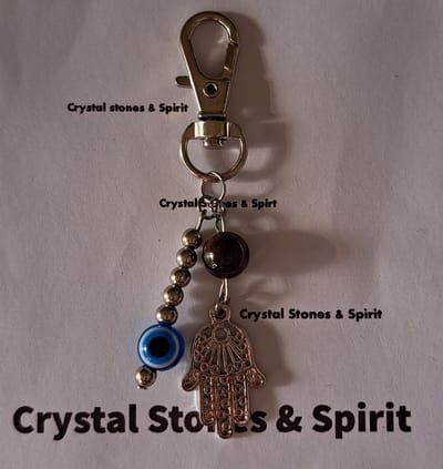 Boze Oog / Khamsa met Granaat, sleutelhanger zilverkleurig