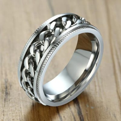 Bague de mariage à chaîne noire tendance pour hommes, bijoux de doigt en acier inoxydable punk vintage, bague à chaîne rotative pour hommes 7 white