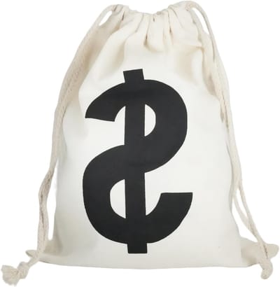 Witte geldzak van 19 x 30 cm met dollar symbolen, ideaal als kostuumaccessoire voor carnaval en Halloween, multifunctionele zak voor munten en waardevolle spullen