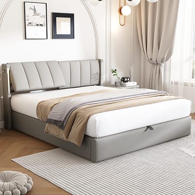 KOMHTOM Tweepersoonsbed Bed voor volwassenen LED bed 140x200 cm met oplaadbare USB-aansluiting en verstelbaar hoofdeinde opslag grijs PU