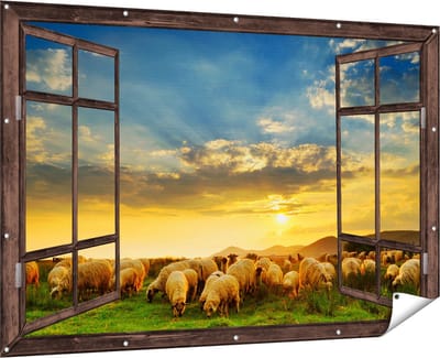 Gards Tuinposter Doorkijk Kudde Schapen op het Gras bij Zonsondergang - 180x120 cm - Tuindoek - Tuindecoratie - Wanddecoratie buiten - Tuinschilderij
