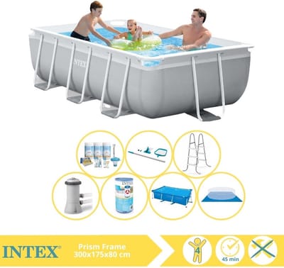Intex Prism Frame Zwembad - Opzetzwembad - 300x175x80 cm - Inclusief Solarzeil, Onderhoudspakket, Filter, Grondzeil en Onderhoudsset
