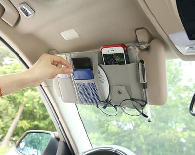 Repus - Auto Zonneklep Lederen Organizer - Kaarthouder - Bril - Documenten - Met ritssluiting - Organizer - Vrouwen - Cadeau - Grijs
