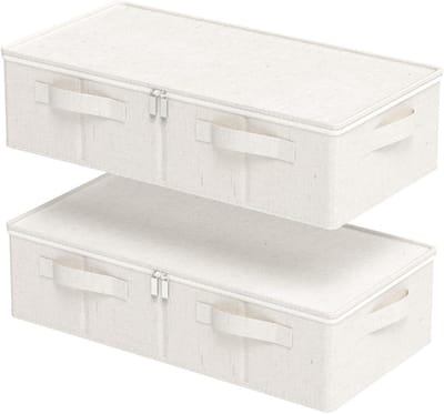 Famanu – Opbergdozen voor onder het bed, set van 2, opvouwbare kledingopslag met deksel, beige