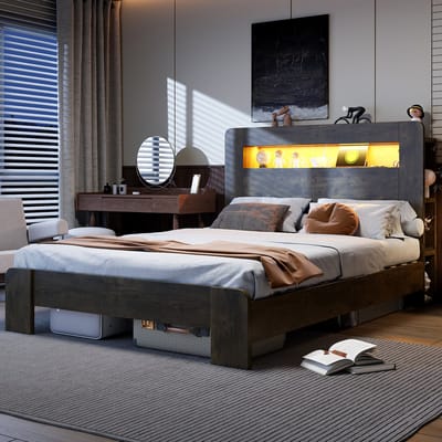 Kinderbed 140x200cm - met LED-verlichting - Eenpersoonsbed - Tienerbed - Houten bedframe - met opbergruimte in het hoofdeinde - Ingebouwd stopcontact - Houtkleur (matras niet inbegrepen)