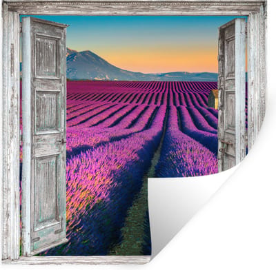 Muurstickers - Sticker Folie - Lavendel - Zomer - Doorkijk - Bloemen - 100x100 cm - Plakfolie - Muurstickers Kinderkamer - Zelfklevend Behang XXL - Zelfklevend behangpapier - Stickerfolie