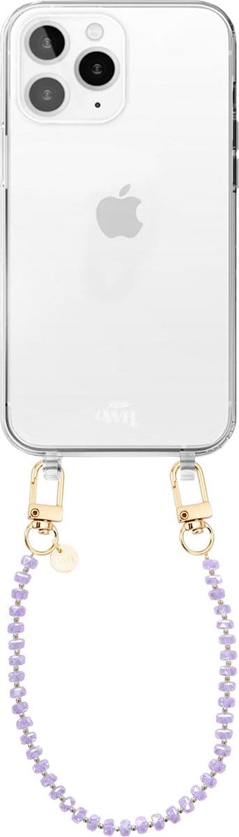 xoxo Wildhearts siliconen hoesje geschikt voor iPhone 12 Pro Max hoesje - Crystal (Paars) - Telefoonhoesje - Hoesje met koord - Kristal ketting - Kristallen met gouden details - kort telefoonkoord - Transparant hoesje