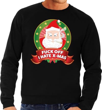 Foute kersttrui / sweater - zwart - Kerstman met wiet Fuck Off I Hate X-mas heren S