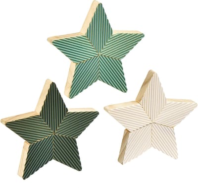 Houten sterren gecanneleerde tafeldecoratie groen mint wit 11cm 6 st,