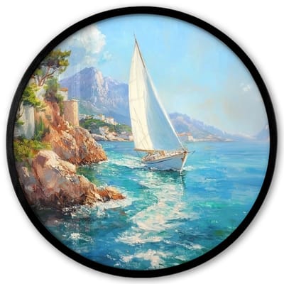 Poster in lijst Rond - Fotolijst 40x40 cm - Posters - Zeilboot - Rotsen - Kust - Huizen - Ronde posterlijst zwart - Decoratie - Wanddecoratie woonkamer - Muurdecoratie slaapkamer