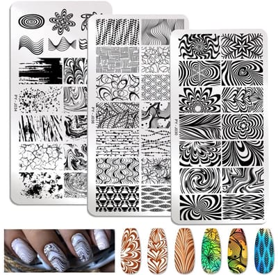 Dailygoods- Nagelstempel 3 Stuks - Nagelstempelplaat - Geometrisch Lijnen - Marmerpatroon - Nagelkunst - Roestvrij Staal 12 cm x 6 cm - Nailartplaat