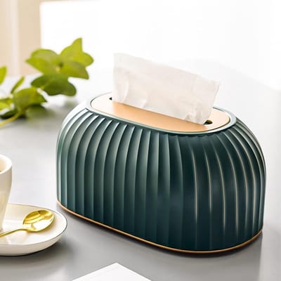 Famanu – Gestreepte kunststof tissuebox met deksel, decoratieve organizer voor badkamer, woonkamer en slaapkamer (blauw