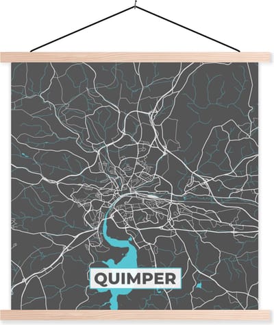 Posterhanger incl. Poster 40x40 cm - Schoolplaat - Quimper - Plattegrond - Frankrijk - Stadskaart - Kaart - Textielposter - Blanke latten - Stadskaart