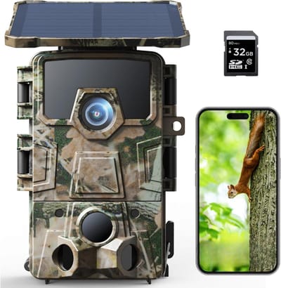 TIM® Wildcamera met Nachtzicht en Wifi – Buitencamera met sd Kaart 32 gb - Wildcamera voor Buiten 4K – Zonne-Energie – Nachtcamera Buiten Dieren - IP66 Waterdicht – Wildlife Camera’s – Infraroodcamera - Camouflage - 10cm x 8cm x 14cm