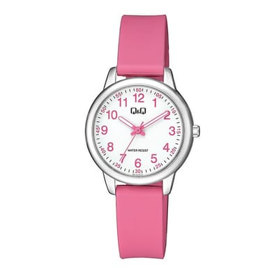 Q&Q QC15J314Y - Horloge - Analoog - Kinderen - Unisex - Plastic band - Rond - Cijfers - Metaal - Roze - Wit - Zilverkleurig - 3 ATM