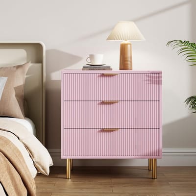 Elegante Roze Ladekast met 3 Lades - Modern Dressoir met Geribbeld Design - Gouden Handgrepen & Poten - 71 x 43 x 76 cm