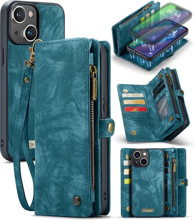 CaseMe Bookcase hoesje geschikt voor iPhone 16 - Effen Blauw - Leer - Portemonnee met 9 Vakjes voor Pasjes en Ritsvak