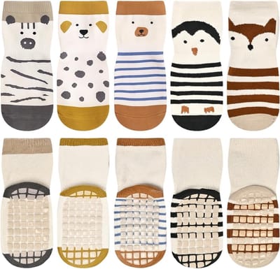 Antislip kindersokken voor 1-3 jaar, comfortabele babysokken met grip en schattige diermotieven, perfect cadeau voor jongens en meisjes (Set A)