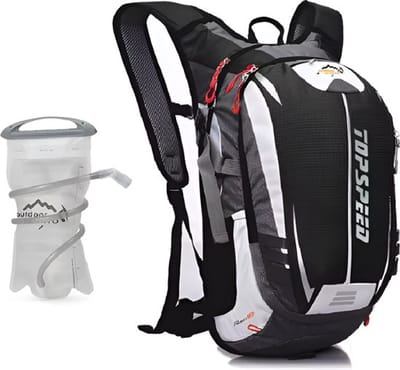 CarryQuest® - 18L Hydratatie Rugzak + 2L Waterzak - Waterafstotende Nylon Fietsrugzak met Reflecterende Strepen, Fluit & Elastische Flessenhouders - 45x24x15 cm - Zwart