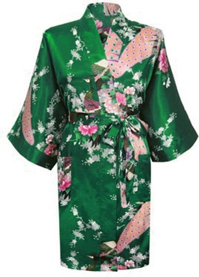 KIMU® Kimono Donkergroen Kort - Maat XS-S - Yukata Satijn Boven de Knie - Korte Groene Ochtendjas Japanse Kamerjas Sexy Satijnen Badjas Geisha 152 158 Festival