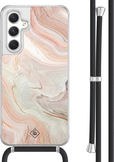 Casimoda® hoesje met koord - Geschikt voor Samsung A54 - Marmer Waves - Afneembaar koord - TPU/acryl - Bruin/beige