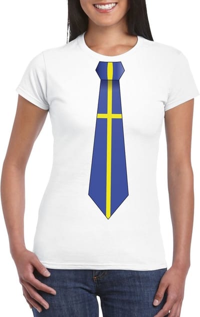 Wit t-shirt met Zweedse vlag stropdas dames - Zweden supporter S