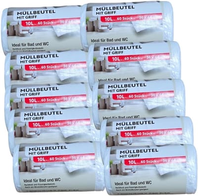 Vuilniszakken met greep - Afvalzakken huishouden - Afval scheiden - Bijzonder scheurbestendig - 10 liter 60 stuks - Wit