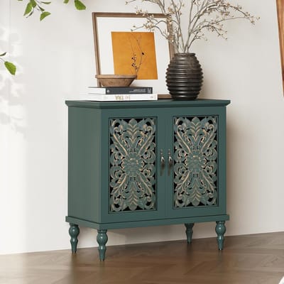Dressoir 80x80x40 cm – Vintage Groene Buffetkast met Bloemensnijwerk – Houten Commode met Deuren – Landelijke & Klassieke Opbergkast – Bella