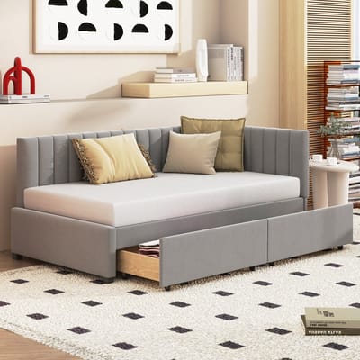 STILVORA Gestoffeerd bed 90x200 cm – Eenpersoonsbed met 2 uittrekbare lades & wisselbaar hoofdeinde – Stof – Grijs – Zonder matras