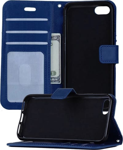 Hoesje - Met Pasjeshouder - Geschikt voor Apple iPhone 7 - Luxe Bookcase Portemonee - Flip Case - Kunstleer Book Case - Flipcase - Book Cover - Walletcase - Portemonneehoes - Telefoonhoesjes - Donkerblauw